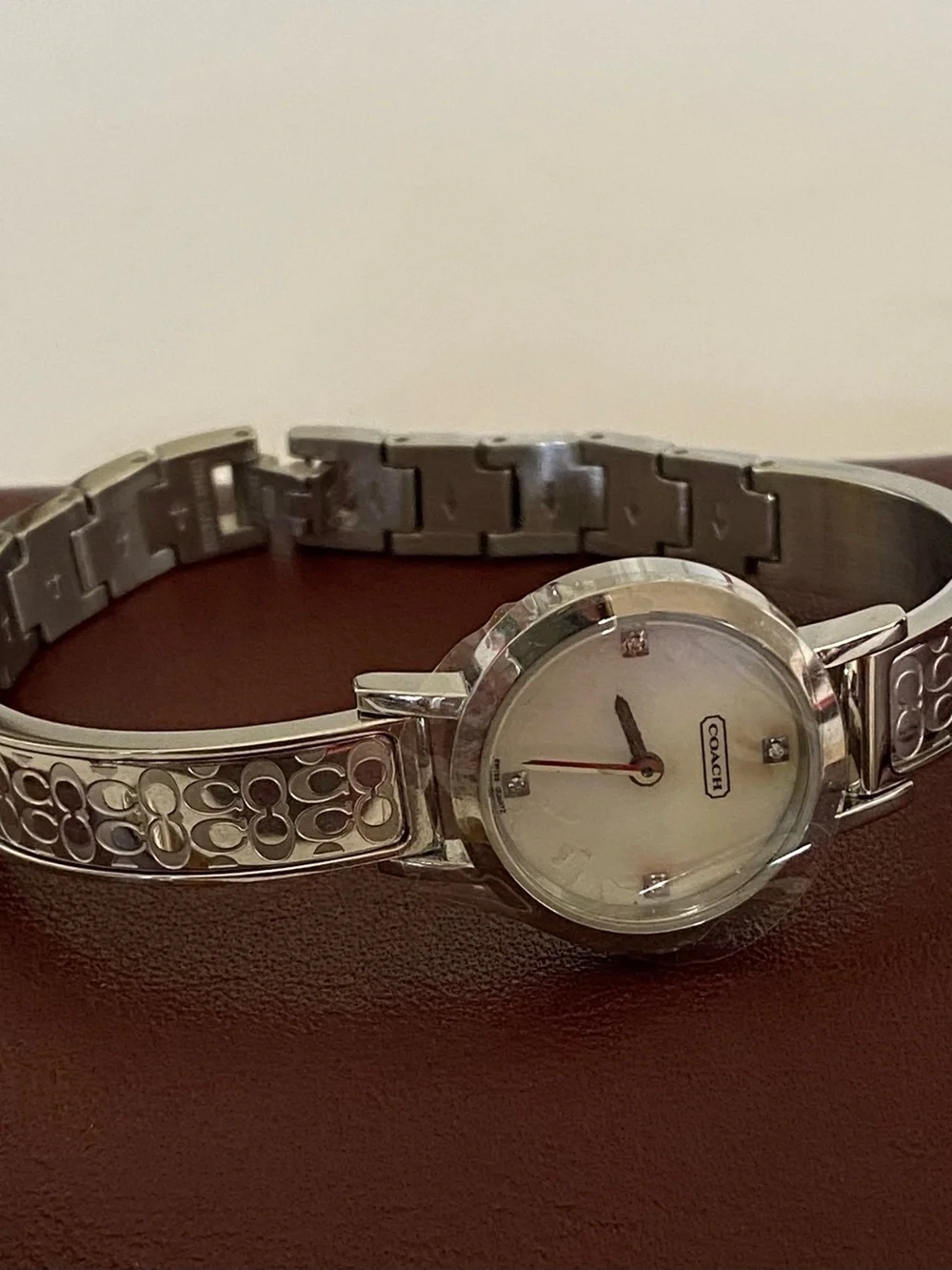 Coach Signature 0277 Silver Bangle Watch with Crystals and Mother-of-Pearl Dial